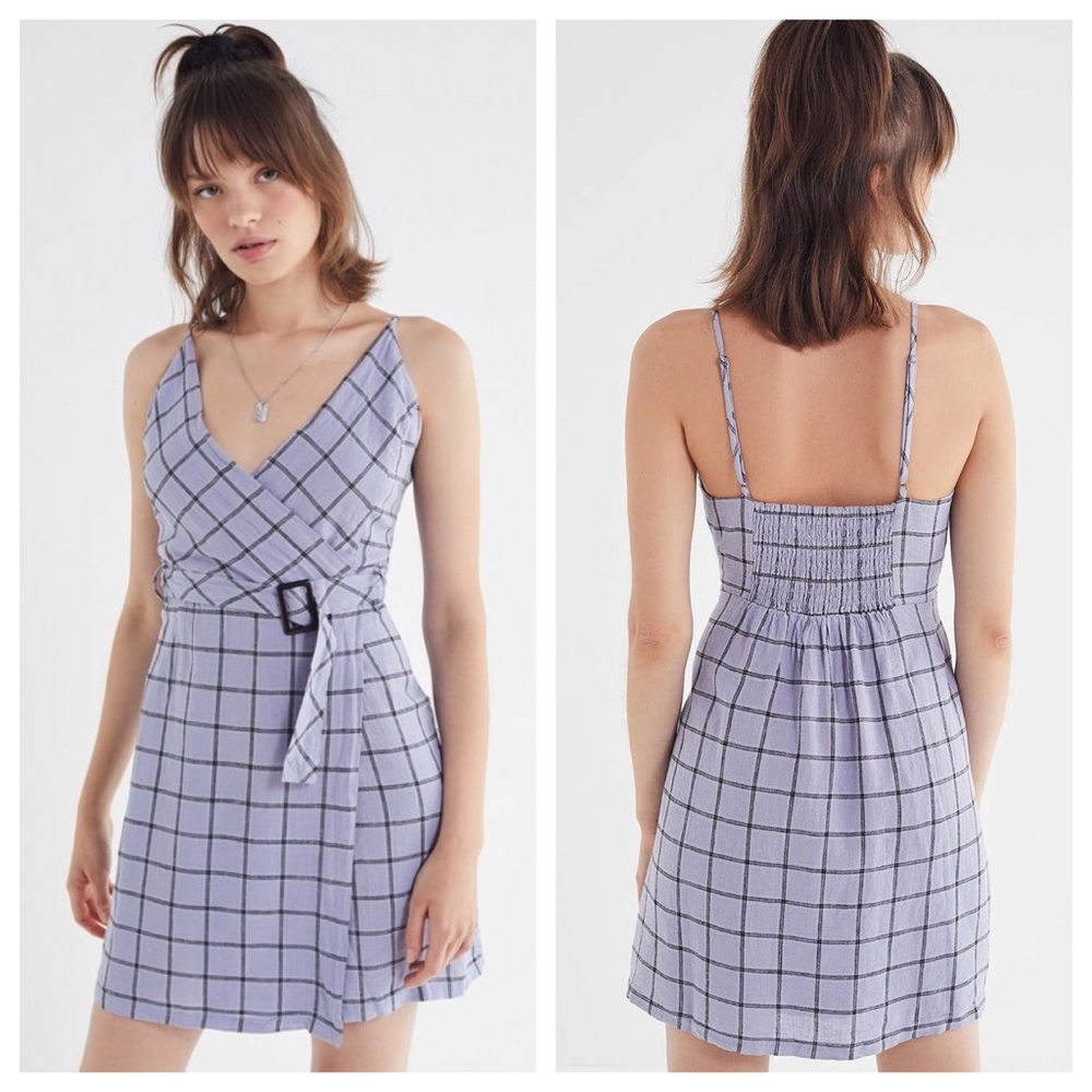 NWT UO Lavender Belted Plaid Wrap Dress